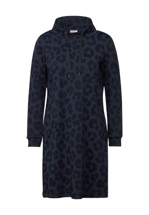 Robe sweat bleu marine avec capuche, motif léopard, manches longues et coupe décontractée. Cordon de serrage au cou et poignets côtelés.