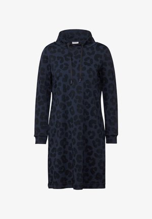 Robe sweat bleu marine avec capuche, motif léopard, manches longues et coupe décontractée. Cordon de serrage au cou et poignets côtelés.