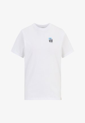 Weißes Baumwoll-T-Shirt mit einem kleinen schwarzen und blauen Logo auf der linken Brust, klassischem Rundhalsausschnitt, kurzen Ärmeln und einem lockeren Schnitt.