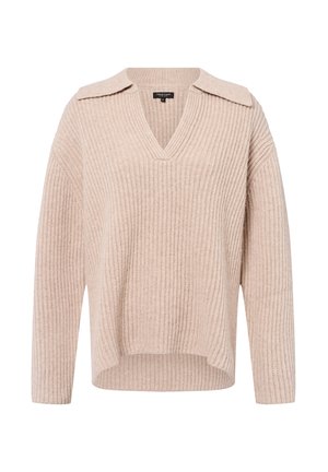 Beige Rippstrickpullover mit V-Ausschnitt und weitem Kragen, langen Ärmeln und lockerem Schnitt. Weiche Textur und detailliertes Strickmuster.