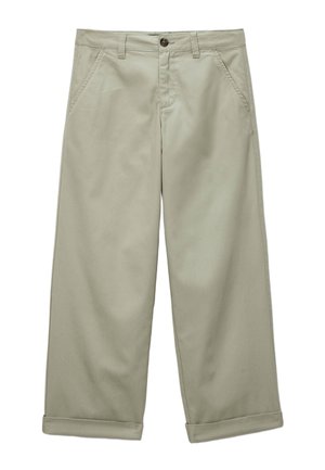 Pantalon beige à jambes larges avec poches avant, passants de ceinture, fermeture par bouton et ourlets retroussés.