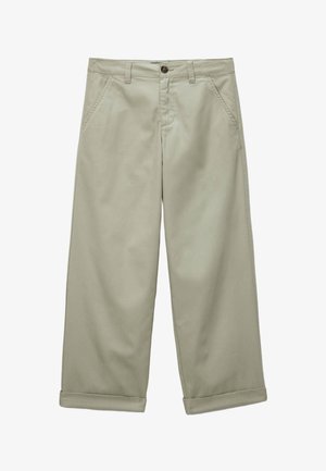 Pantalon beige à jambes larges avec poches avant, passants de ceinture, fermeture par bouton et ourlets retroussés.
