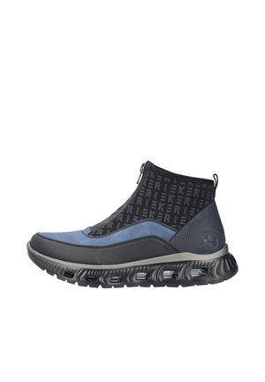 High-top athletic shoe featuring a mix of blue and black materials, zip closure, textured accents, and a cushioned black sole with air vents.