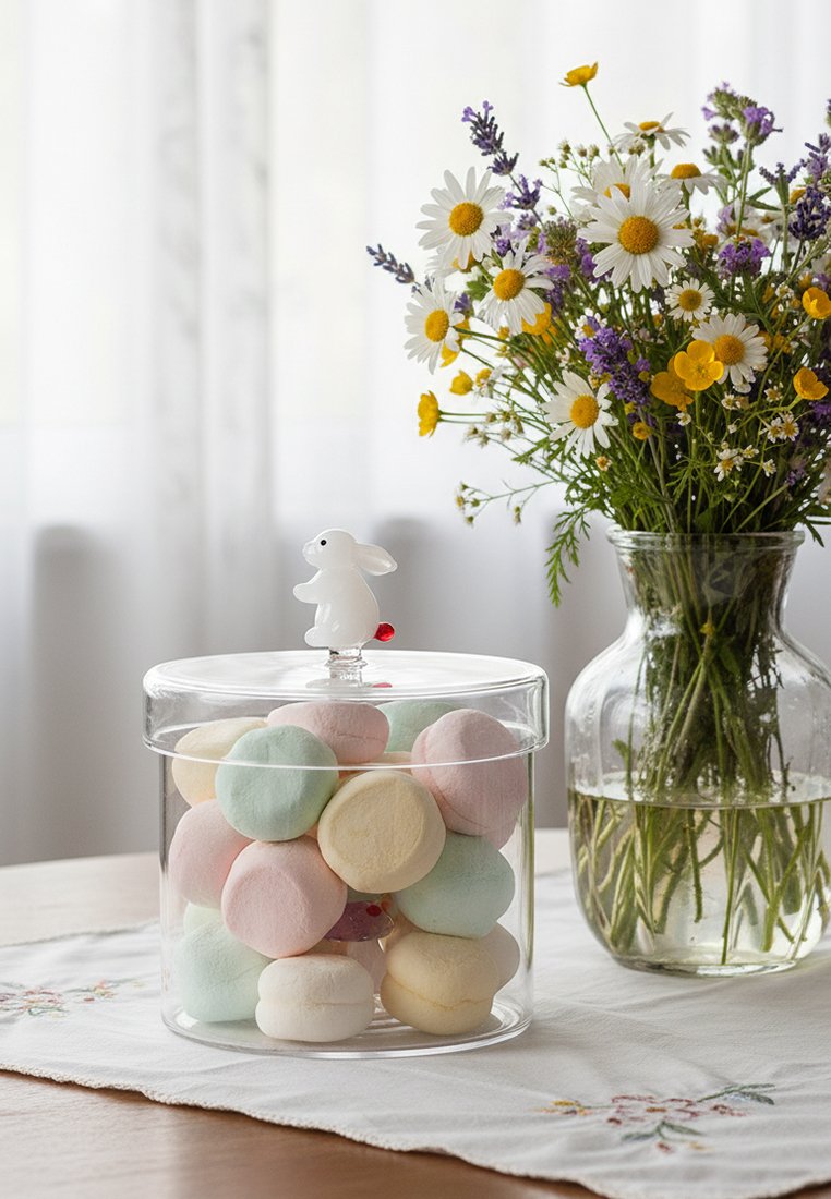 Przezroczysty szklany słoik z pastelowymi piankami oraz białą pokrywką z uchwytem w kształcie królika, obok wazy z polnymi kwiatami na stole przykrytym białym obrusem.