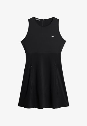 Svart ärmlös klänning med en åtsittande bodice och utsvängd kjol, gjord av slät tyg. Har en subtil logotyp och sidofickor.