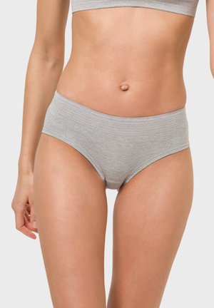 Graue Hipster-Unterwäsche aus weichem Baumwollmaterial, mit einem breiten Bund und dezenten gestreiften Akzenten. Glatte Textur und enganliegendes Design.