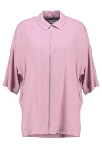 Helles rosa, übergroßes Hemd mit kragenförmigem Ausschnitt, kurzen Ärmeln und einem Reißverschluss auf der Vorderseite. Glattes Material mit lockerer Passform.
