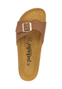Sandaletto marrone con strappo singolo e fibbia dorata regolabile. Soletta morbida e testurizzata con il marchio "palado", made in Spain. Numero 38.