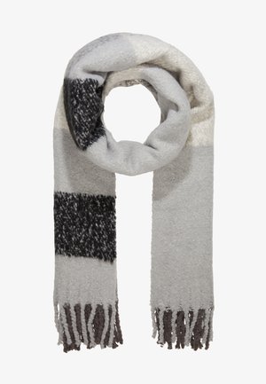 Écharpe en maille douce à larges rayures horizontales gris clair, gris foncé et crème, avec des extrémités frangées.