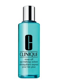 Clinique ögonmakeupborttagningsmedel i en klar, turkos flaska med ett silverlock. Innehåller svart text med produktinformation.
