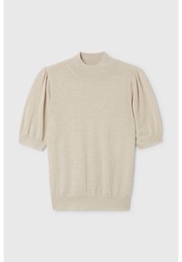 Kurzarmpullover mit hohem Kragen, aus leicht beigem, strukturiertem Garn mit einem leichten Schimmer; verfügt über puffige Ärmel und einen enganliegenden Saum.