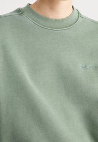 Felpa verde chiaro con colletto a girocollo, realizzata in tessuto morbido. Presenta un colletto a coste e una discreta marca in ricamo azzurro.