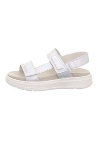 Sandales blanches à bout ouvert avec deux sangles réglables, fabriquées en matériau brillant. Elles possèdent une épaisse semelle blanche et une semelle intérieure beige rembourrée.