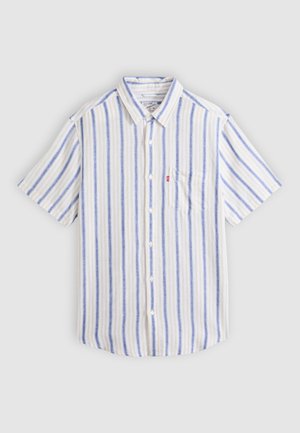 Chemise à manches courtes avec boutons, rayures verticales bleues et beiges, poche poitrine, et col classique sur fond uni.