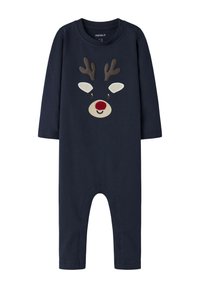 Marineblauwe romper met lange mouwen, met een rendiergezicht ontwerp met bruine gewei, witte oren en een rode pompon neus. Zachte katoenen stof.