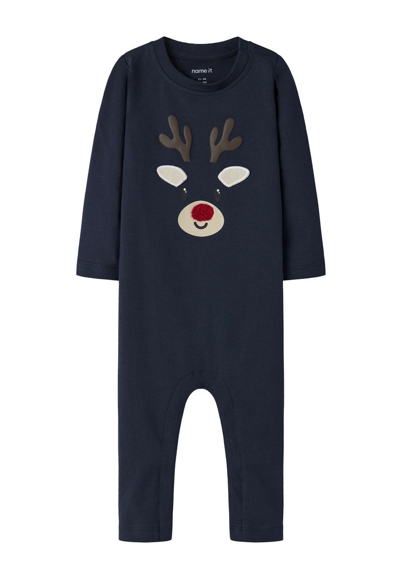 Marineblauwe romper met lange mouwen, met een rendiergezicht ontwerp met bruine gewei, witte oren en een rode pompon neus. Zachte katoenen stof.