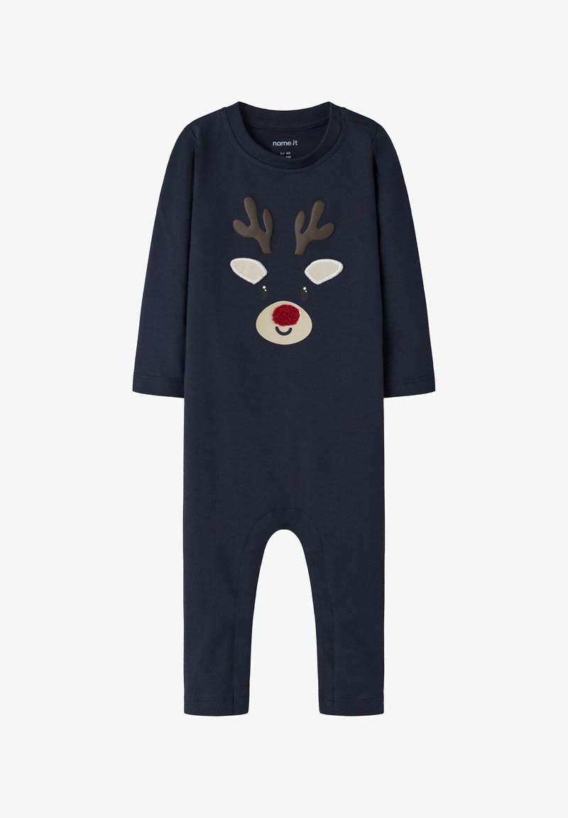 Marineblauer, langärmeliger Einteiler mit einem Rentiergesicht-Design, braunen Geweihen, weißen Ohren und roter Bommel-Nase. Weiches Baumwollmaterial.