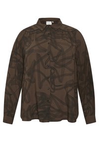 Brown long-sleeve shirt featuring a black abstract pattern, collar, button front, and cuffed sleeves. Made of smooth fabric with a relaxed fit.