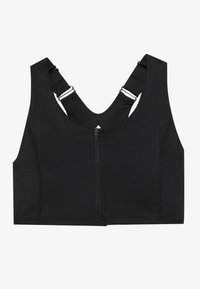 Svart sports-bh laget av elastisk stoff, med glidelås foran, brede stropper og forsterkede sømmer for støtte.