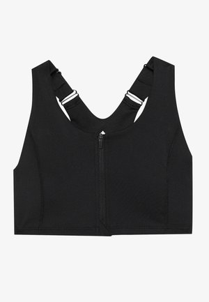 Sutiã desportivo preto, feito de tecido elástico, com fecho de correr à frente, alças largas e costuras reforçadas para suporte.