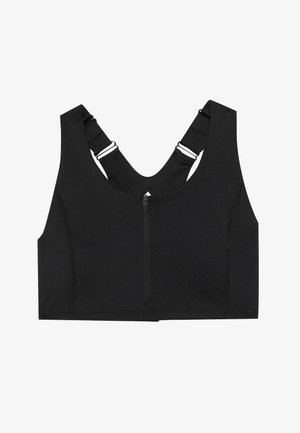 Černá sportovní podprsenka vyrobená z elastického materiálu, s předním zipem, širokými ramínky a zesílenými švy pro podporu.