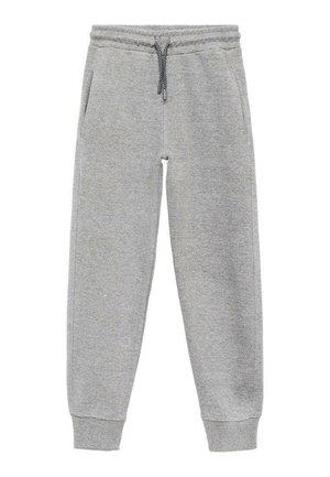 Pantalons de survêtement gris avec une taille à cordon, poches latérales et poignets côtelés. Fabriqués en tissu doux et texturé.