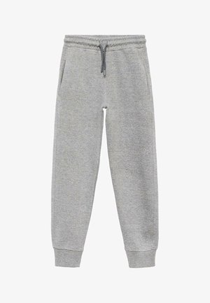 Pantaloni de trening gri cu talie cu șnur, buzunare laterale și manșete cu textură. Fabricat dintr-un material moale, texturat.