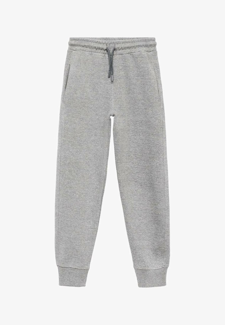 Šedé tepláky s elastickým pasem na šňůrku, bočními kapsami a žebrovanými manžetami. Vyrobené z měkké, texturované látky.