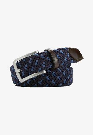 Gewebter Gürtel in Dunkelblau mit hellblauen Akzenten. Verfügt über eine silberne Metallschnalle und braune Lederdetails. Flexibles, strukturiertes Design.