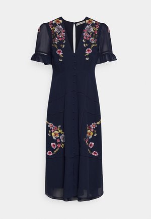Granatowa sukienka midi z frontowymi guzikami, przezroczystymi krótkimi rękawami, marszczonymi mankietami i wielokolorowym kwiatowym haftem na panelach biustu i spódnicy.
