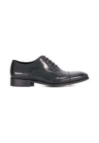Black leather dress shoe with a rounded toe, smooth finish, six eyelets for laces, and a low block heel. Subtle stitching detail on the sides.