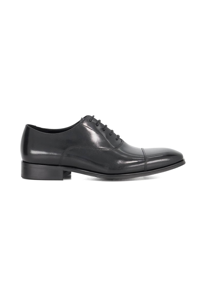 Black leather dress shoe with a rounded toe, smooth finish, six eyelets for laces, and a low block heel. Subtle stitching detail on the sides.