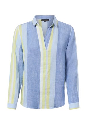 Koszula z długim rękawem i kołnierzykiem, z pionowymi paskami w kolorach niebieskim, jasnoniebieskim, białym i żółtym, z głębokim dekoltem w kształcie litery V.