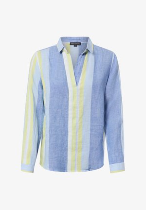 Langärmeliges Hemd mit Kragen und vertikalen Streifen in Blau, Hellblau, Weiß und Gelb, mit tiefem V-Ausschnitt.