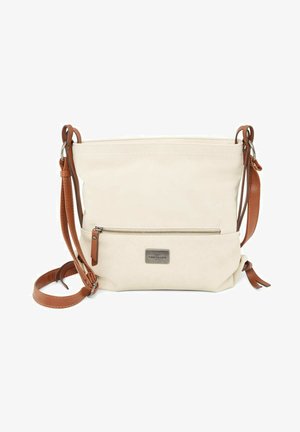 Canvas-Crossbody-Bag in Creme mit braunen Lederelementen. Verfügt über eine frontale Reißverschlusstasche und einen verstellbaren Schultergurt. Minimalistisches Design.