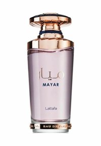 Lakkaat ruusukalla, joka on koristeltu kullalla ja mustalla huipulla. Pullossa on etupuolella kultaisella kirjoituksella teksti "MAYAR" ja "Lattafa".