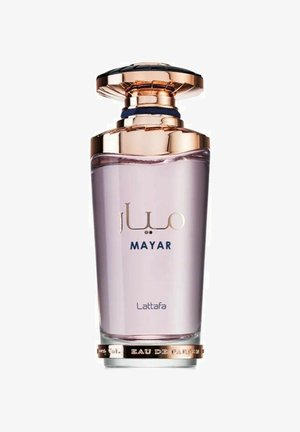 Lilla glas parfume flaske med en udsmykket guld- og sort kappe. Har teksten "MAYAR" og "Lattafa" i guldskrift på forsiden.