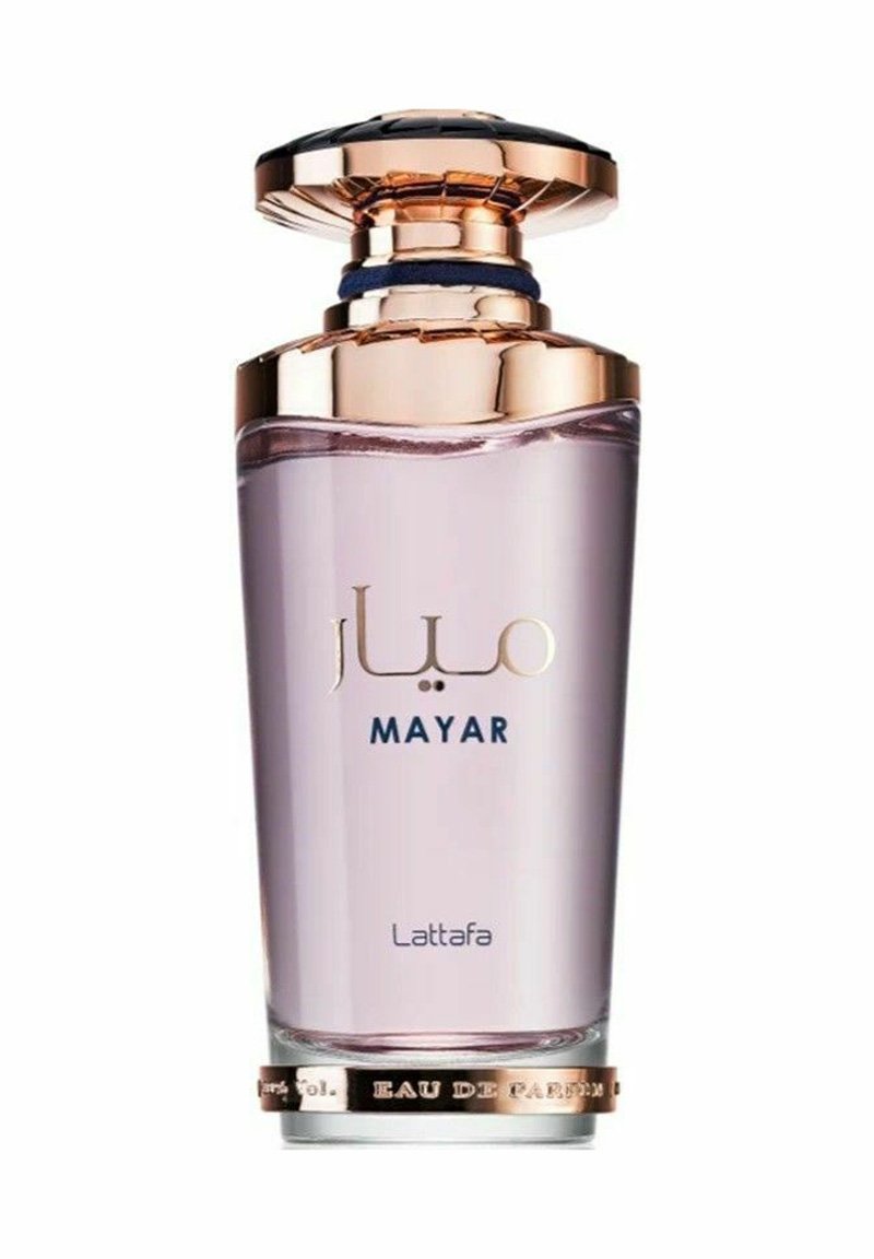 Lakkaat ruusukalla, joka on koristeltu kullalla ja mustalla huipulla. Pullossa on etupuolella kultaisella kirjoituksella teksti "MAYAR" ja "Lattafa".