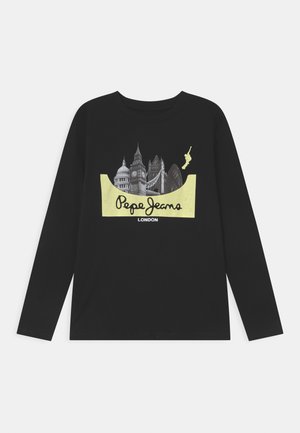 Zwarte lange mouwen t-shirt met een graphic van Londense bezienswaardigheden. Het ontwerp bevat gele accenten en de tekst "Pepe Jeans London".