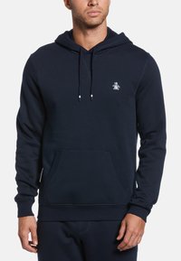 Navy blue hoodie made of soft fabric, featuring a kangaroo pocket, adjustable drawstring hood, and a small penguin logo on the chest.