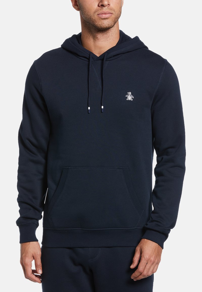 Navy blue hoodie made of soft fabric, featuring a kangaroo pocket, adjustable drawstring hood, and a small penguin logo on the chest.