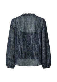 Langsleeve marineblauwe sheer blouse met verticale zilveren strepen en een subtiel bloemmotief, voorzien van een gerimpelde halslijn en knoopmanchetten.