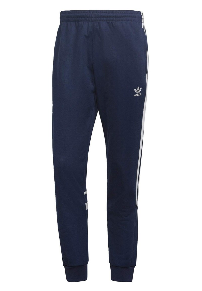 Pantalones deportivos azul marino con franjas laterales blancas, cintura elástica y puños acanalados. Hechos de una tela suave y ligera. Logotipo de Adidas presente.