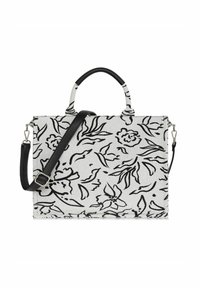 Teksturowana biała torba z czarnym wzorem kwiatowym. Wyposażona w krótkie uchwyty oraz odpinany pasek na ramię.