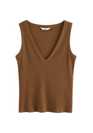 Canotta marrone a coste con scollo a V profondo e spalline larghe. Tessuto morbido, forma aderente e orlo pulito.