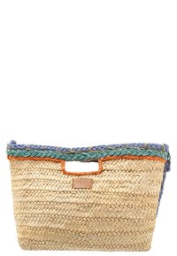 Woven straw tote bag with a rectangular shape, featuring a blue, green, and orange braided edge and a handle cutout, labeled with a leather tag.