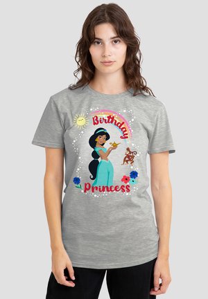 Gray short-sleeve t-shirt featuring a colorful graphic of a princess, a monkey, and the text “Birthday Princess” with floral accents.