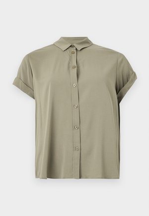 Short-sleeve, olive green button-up shirt made from lightweight fabric, featuring a classic collar and rolled cuffs.
