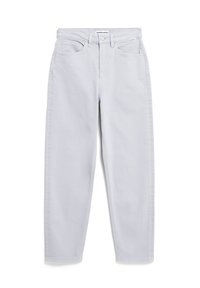 Jean droit taille haute gris clair avec bouton devant, fermeture éclair, passants de ceinture et design cinq poches.
