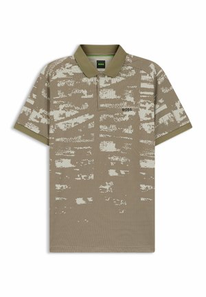 Polo beige e oliva a maniche corte con motivo astratto pixelato e logo "BOSS" sul petto sinistro.